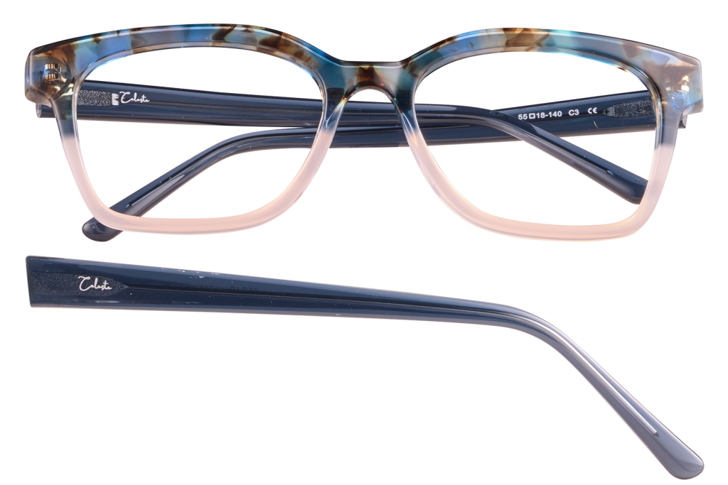 Rectangular eyeglasses frame with a tortoiseshell blue-green upper rim fading to pale pink on the bottom, and dark blue temples with a logo on the arm.