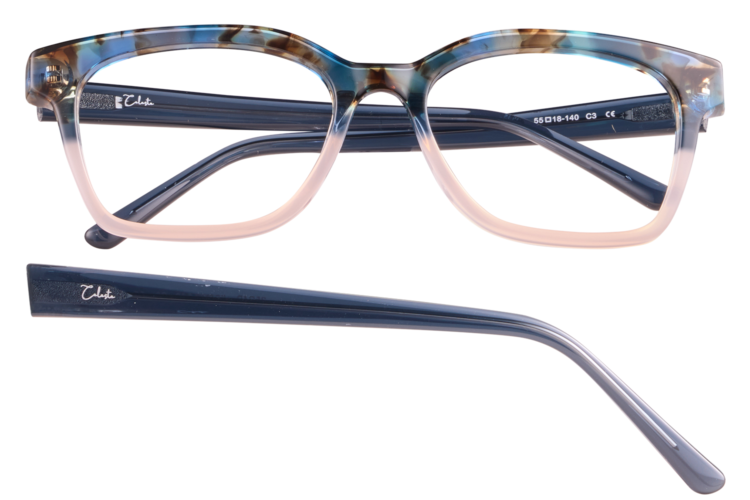 Rectangular eyeglasses frame with a tortoiseshell blue-green upper rim fading to pale pink on the bottom, and dark blue temples with a logo on the arm.