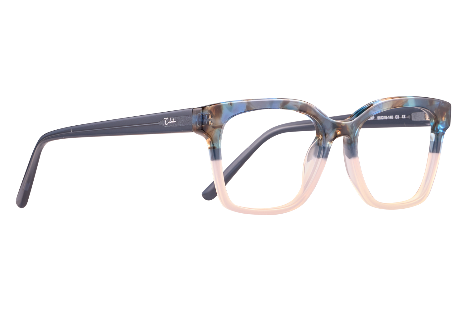 Close-up of blue-marble eyeglasses with cream lower rims and dark temples on a neutral surface (fashion eyewear).
