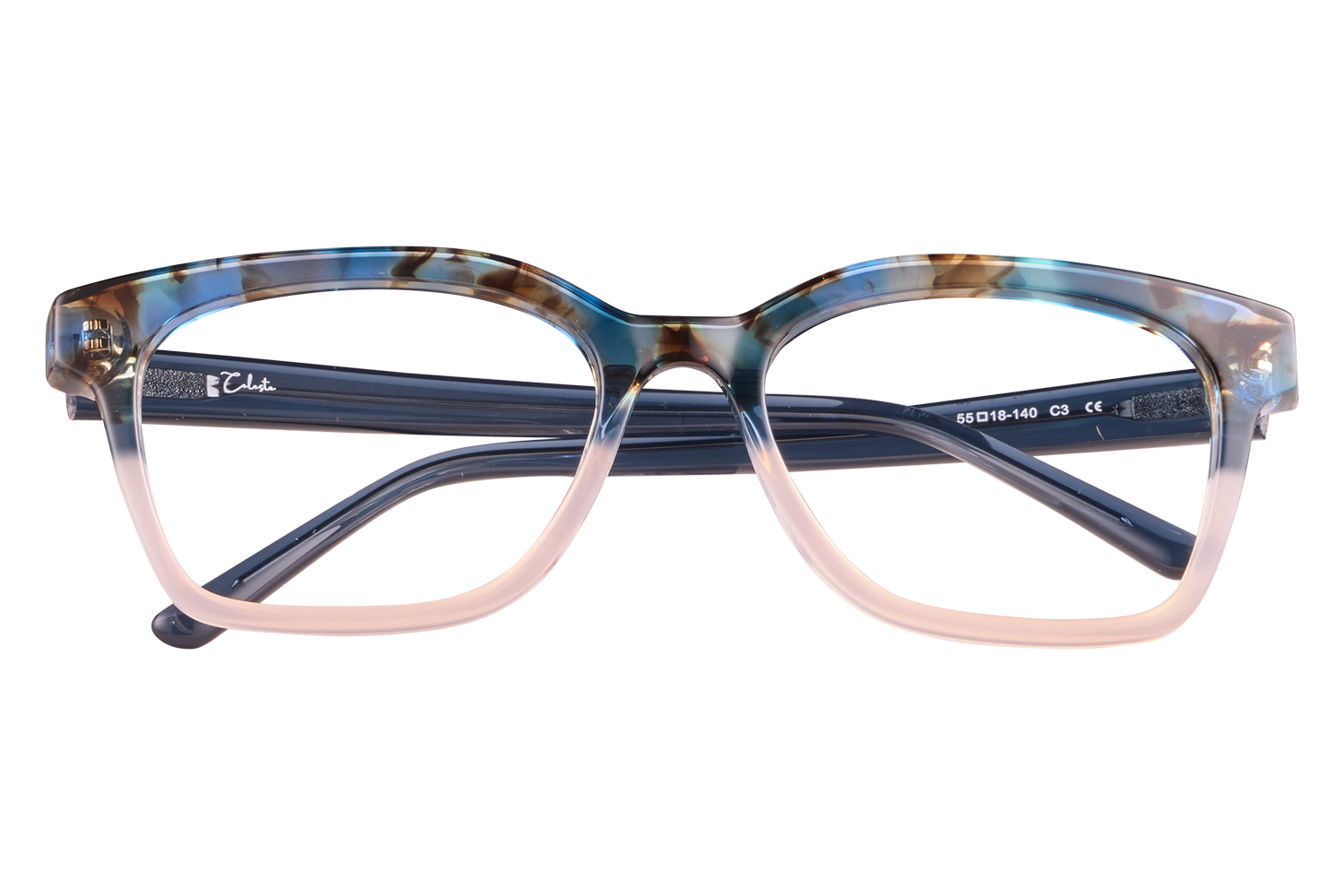 Front view of blue-gradient tortoiseshell eyeglasses on a clear display stand.