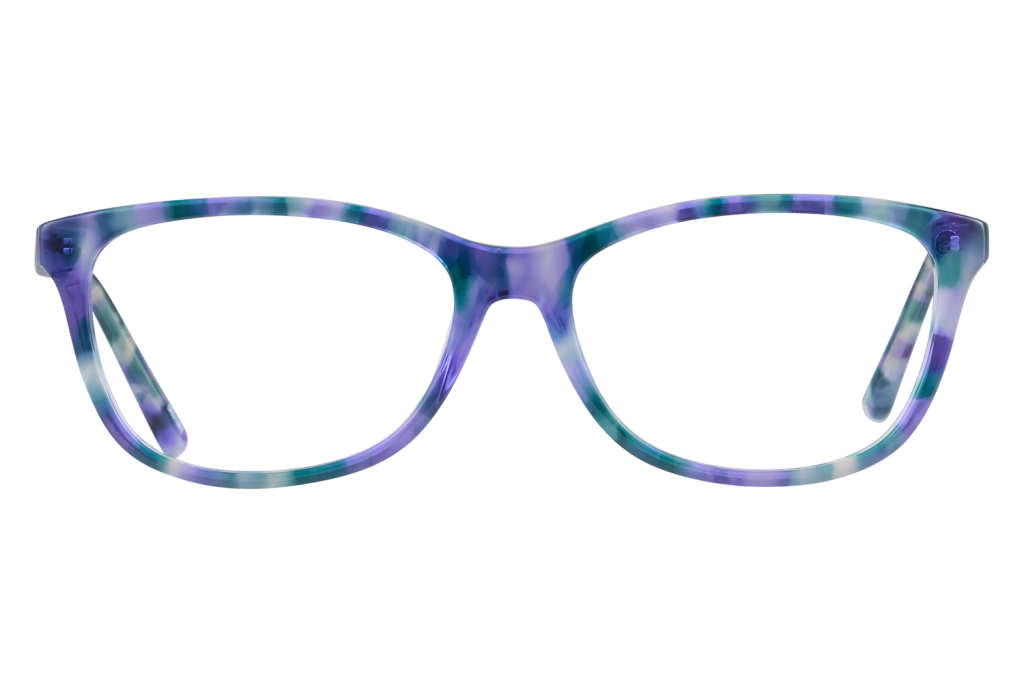 Colorful plastic eyeglass frame in purple, blue, and teal tones viewed head-on.