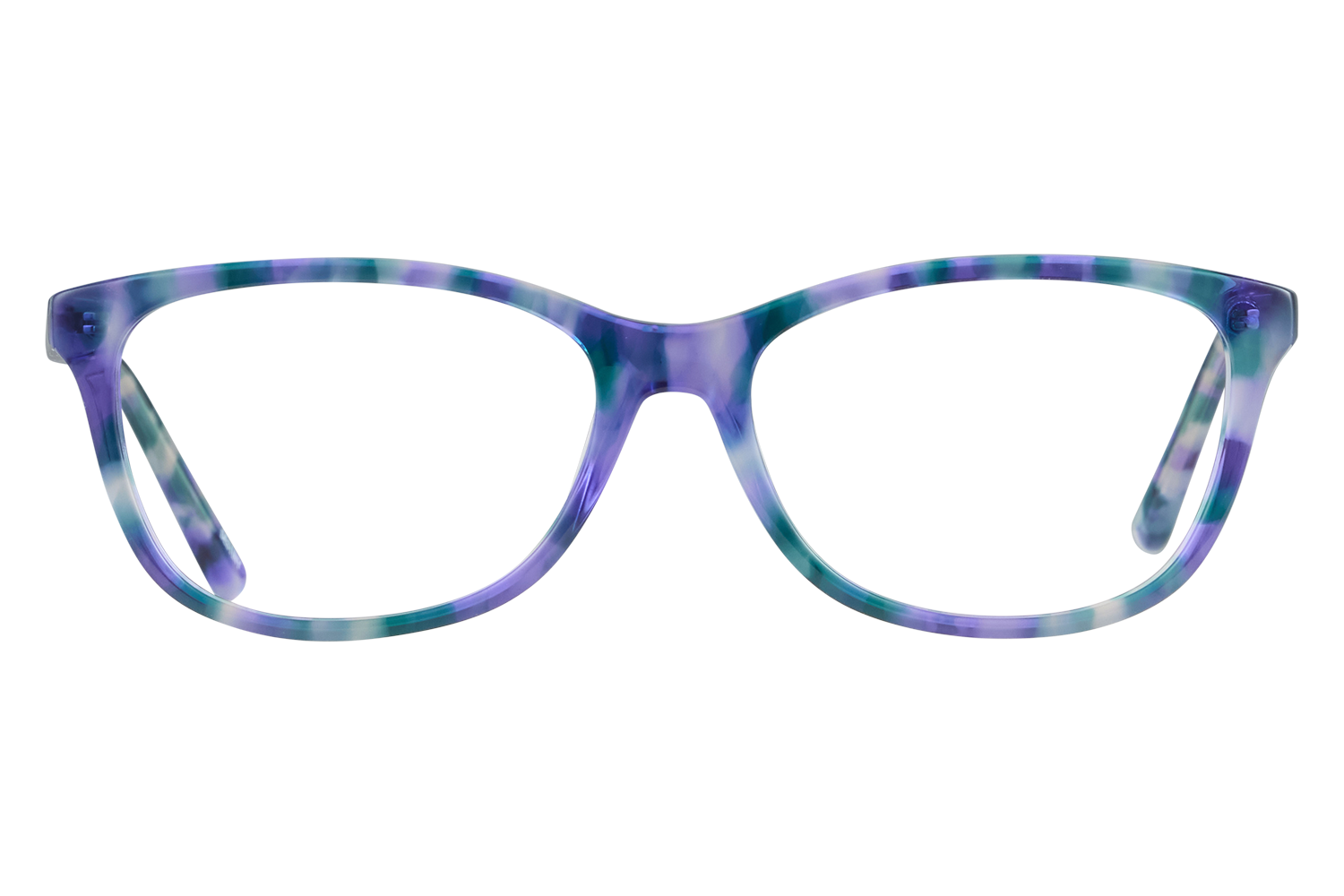 Colorful plastic eyeglass frame in purple, blue, and teal tones viewed head-on.