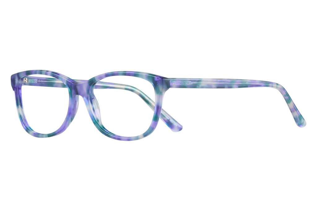 Pair of colorful acetate eyeglasses with purple and teal swirls, side view.