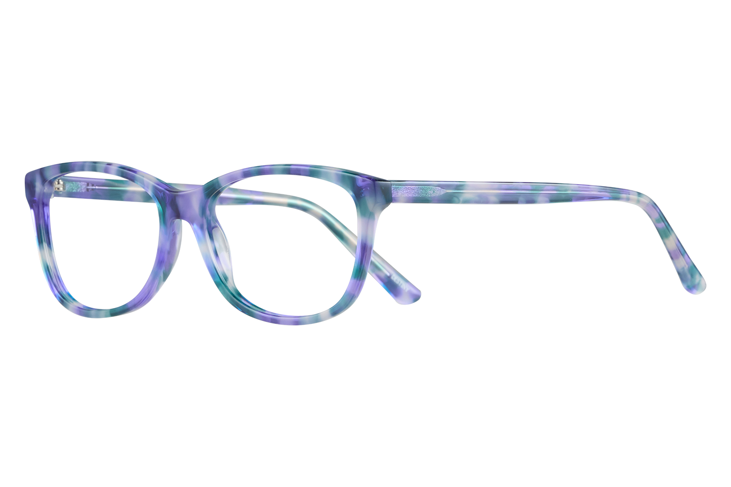 Pair of colorful acetate eyeglasses with purple and teal swirls, side view.