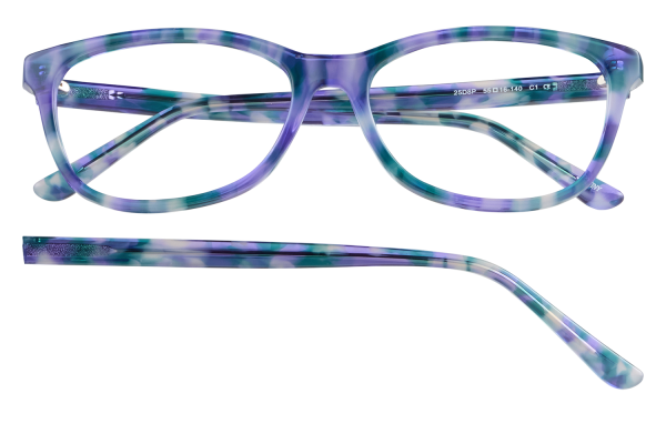 Front view of purple, teal, and white marbled eyeglasses with matching temples on a black background.