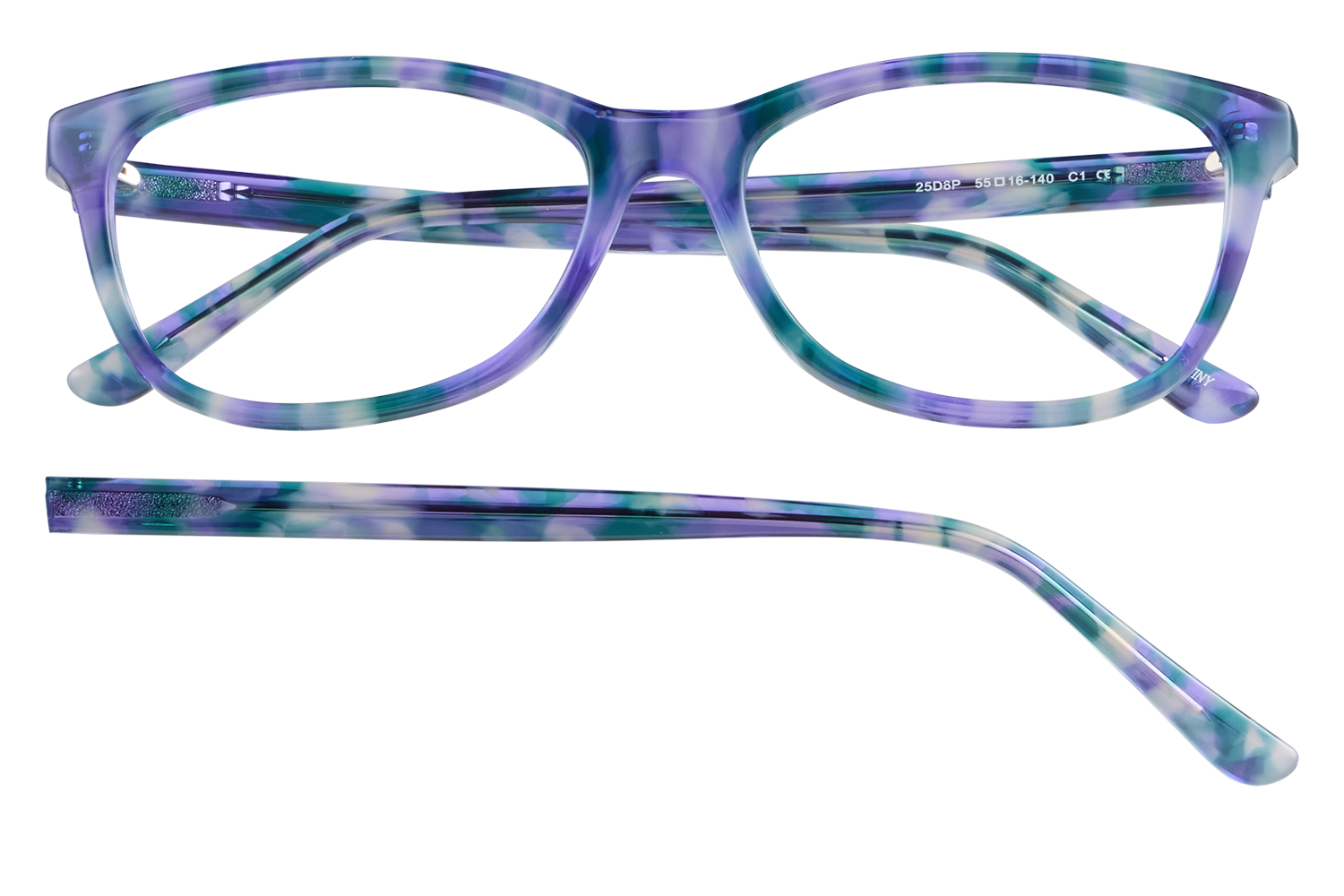 Front view of purple, teal, and white marbled eyeglasses with matching temples on a black background.