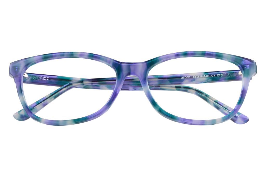 Purple and teal patterned plastic eyeglasses photographed from the front. The frames are translucent and marbled in cool tones.