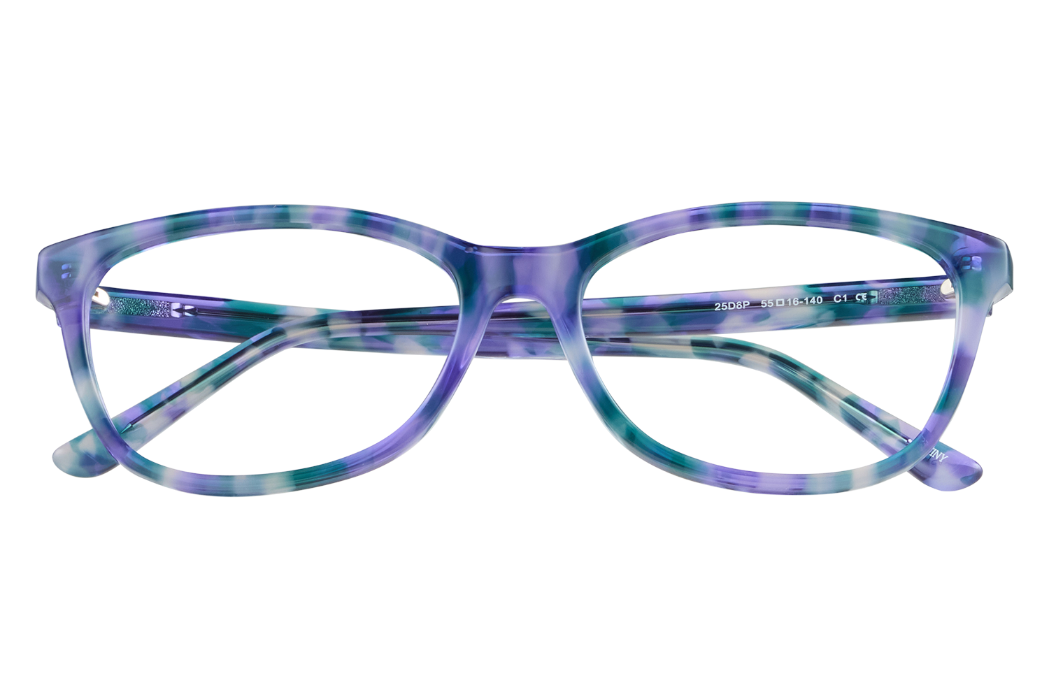 Purple and teal patterned plastic eyeglasses photographed from the front. The frames are translucent and marbled in cool tones.