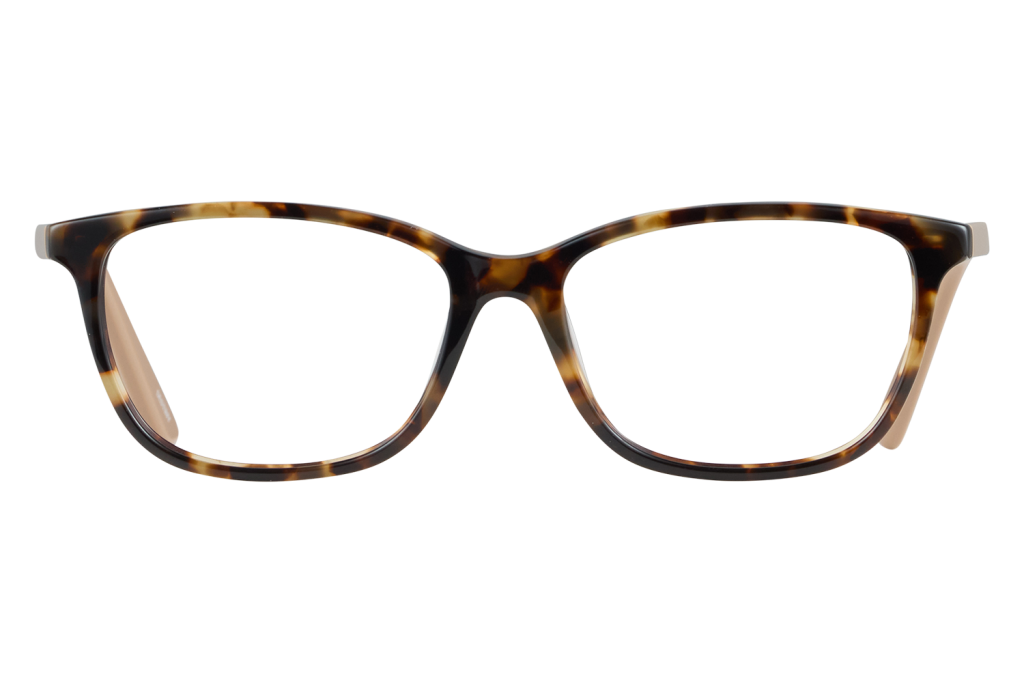 Front view of tortoiseshell rectangular eyeglasses with clear lenses, on a white background