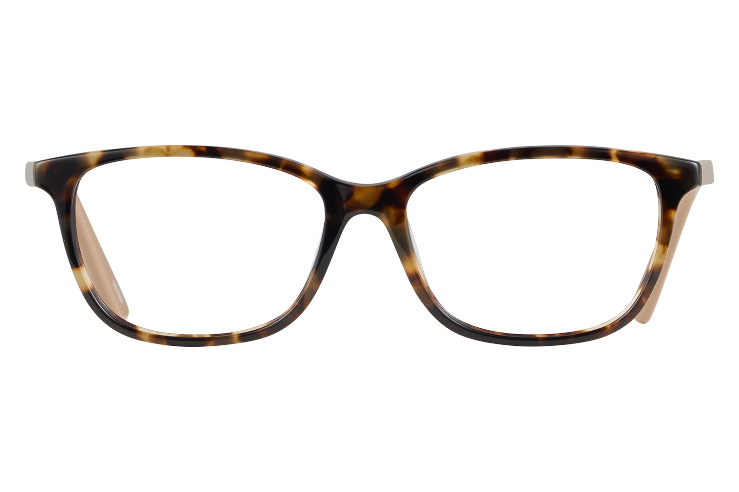 Front view of tortoiseshell rectangular eyeglasses with clear lenses, on a white background