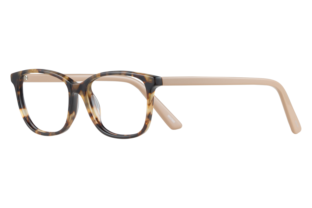 Tortoiseshell eyeglasses with rounded frames and beige arms on a white background