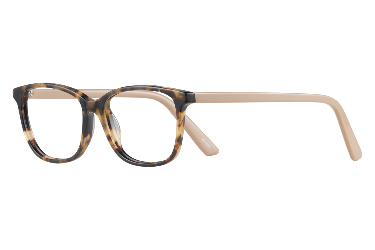 Tortoiseshell eyeglasses with rounded frames and beige arms on a white background