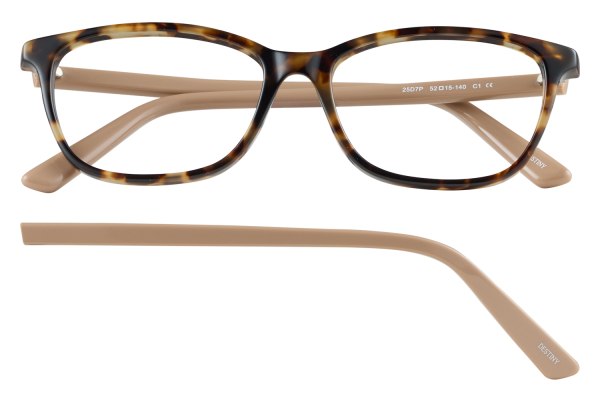 Tortoiseshell eyeglasses with beige temples, rectangular frames, Destiny branding on the temple tip