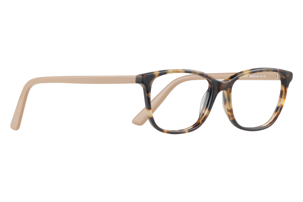 Tortoiseshell full‑rim eyeglasses with light beige temples.