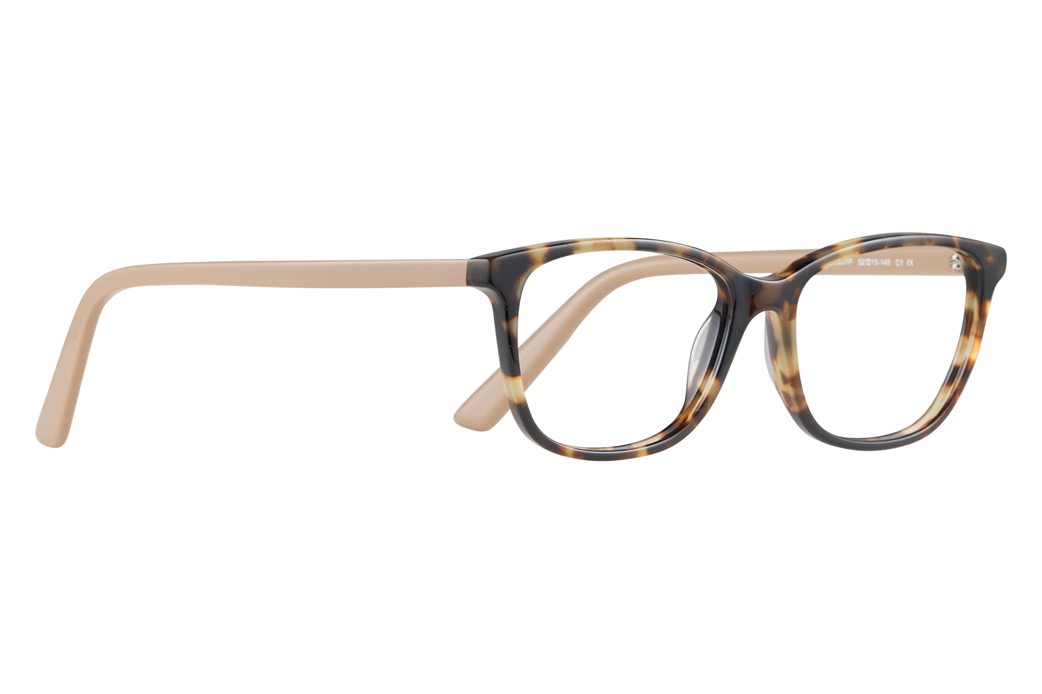 Tortoiseshell full‑rim eyeglasses with light beige temples.