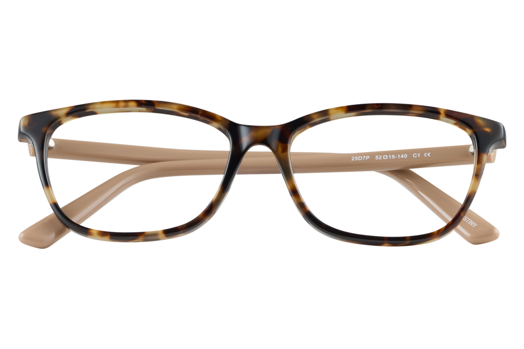 Tortoiseshell eyeglasses with thick rectangular frames and beige temples, front view for a product photo.