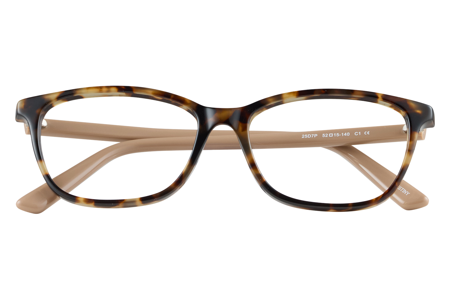 Tortoiseshell eyeglasses with thick rectangular frames and beige temples, front view for a product photo.