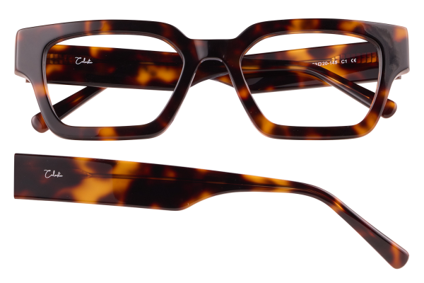 Front view of a rectangular tortoiseshell eyeglasses frame with Celeste logo on the temple edge, bold and thick.