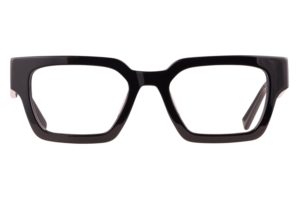 Oversized black rectangular eyeglasses seen from the front.