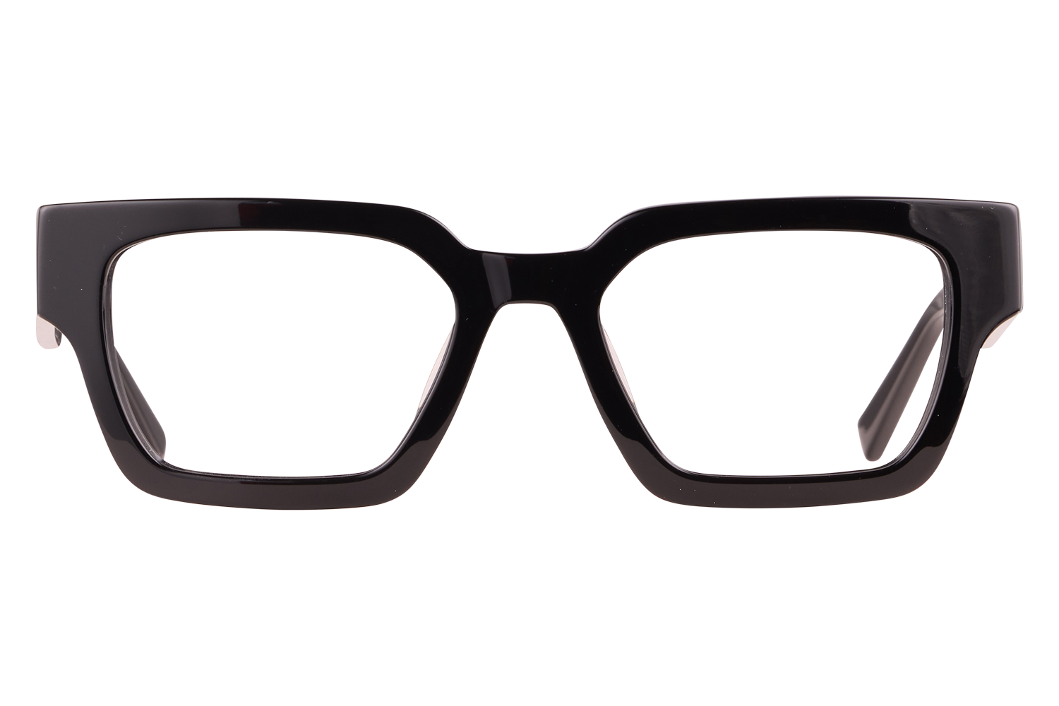 Oversized black rectangular eyeglasses seen from the front.