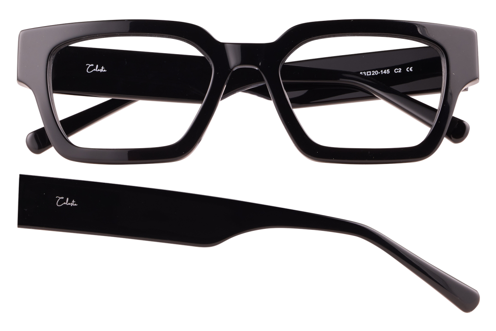 Black rectangular plastic eyeglasses with a separate glossy temple arm, both parts shown; Celesta logo on the temple piece.