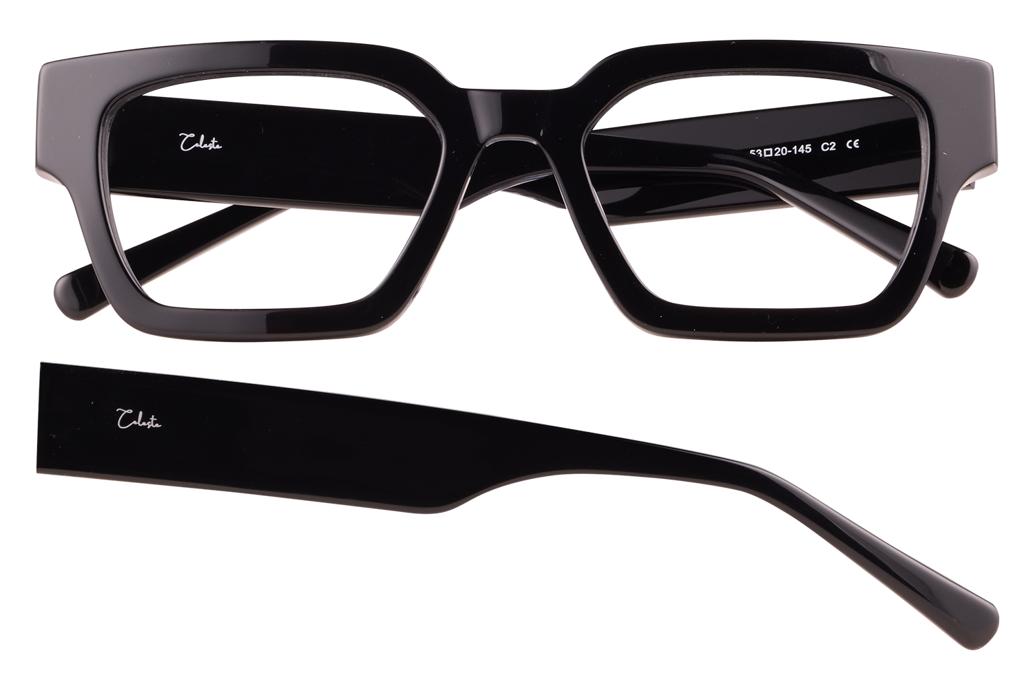 Black rectangular plastic eyeglasses with a separate glossy temple arm, both parts shown; Celesta logo on the temple piece.