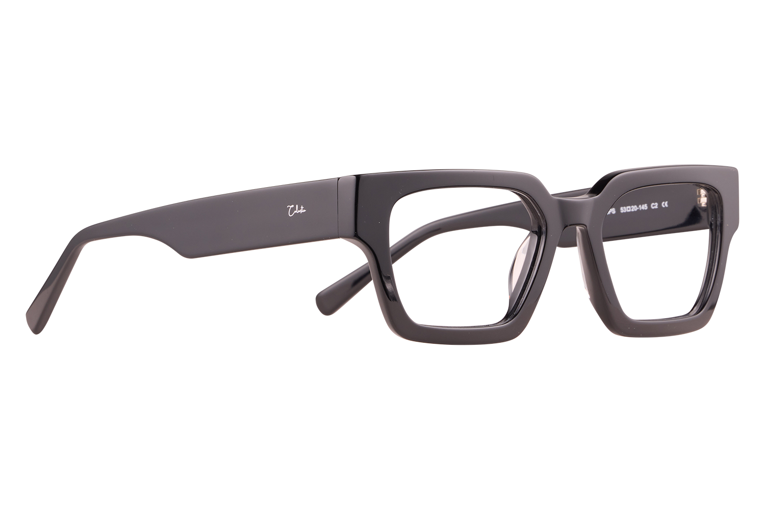 Black thick-square eyeglasses with a glossy finish, resting on a light surface; small white brand logo on the temple.