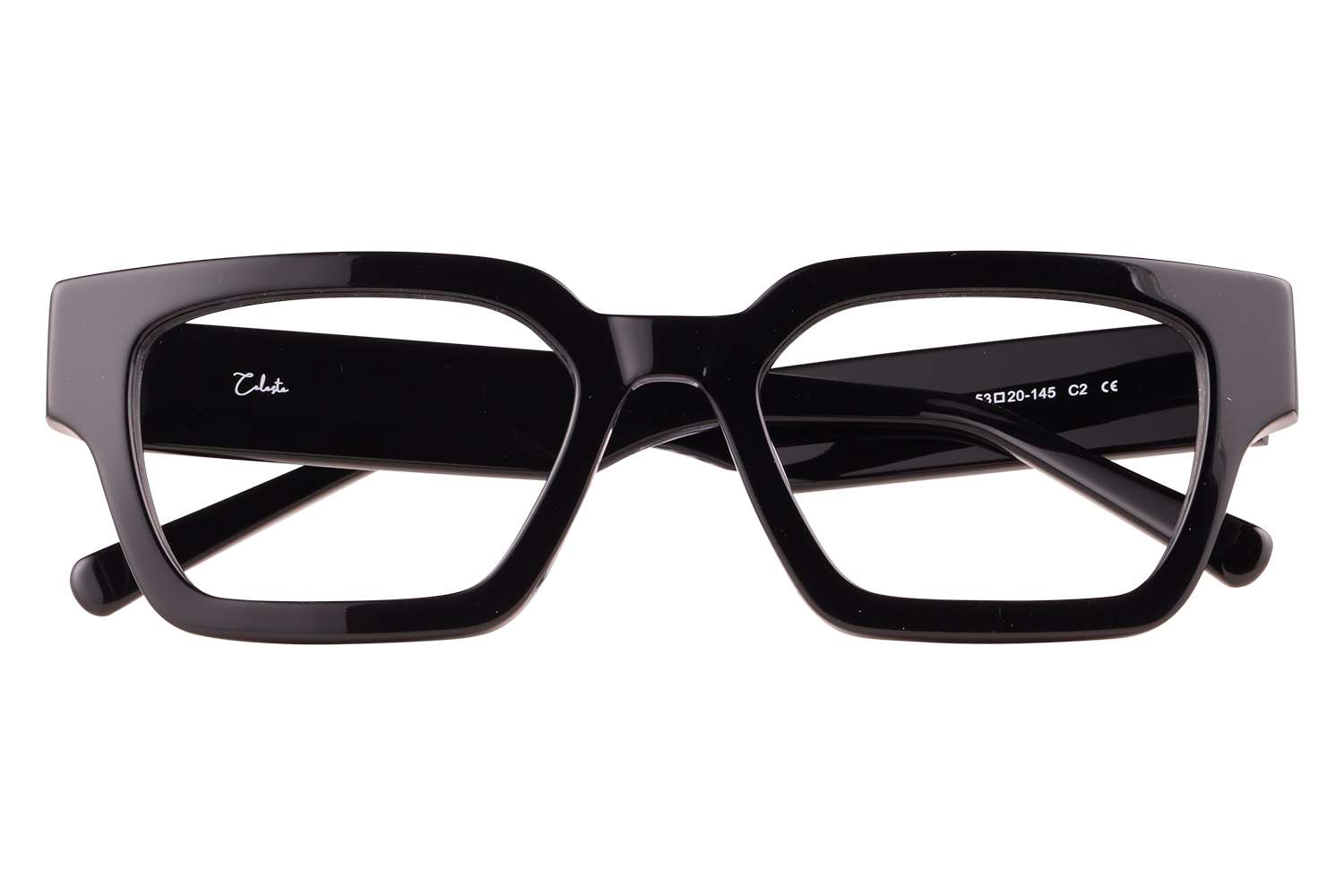 Black rectangular eyeglasses with a thick glossy frame resting on a small clear stand on a light background, brand visible on the arm.