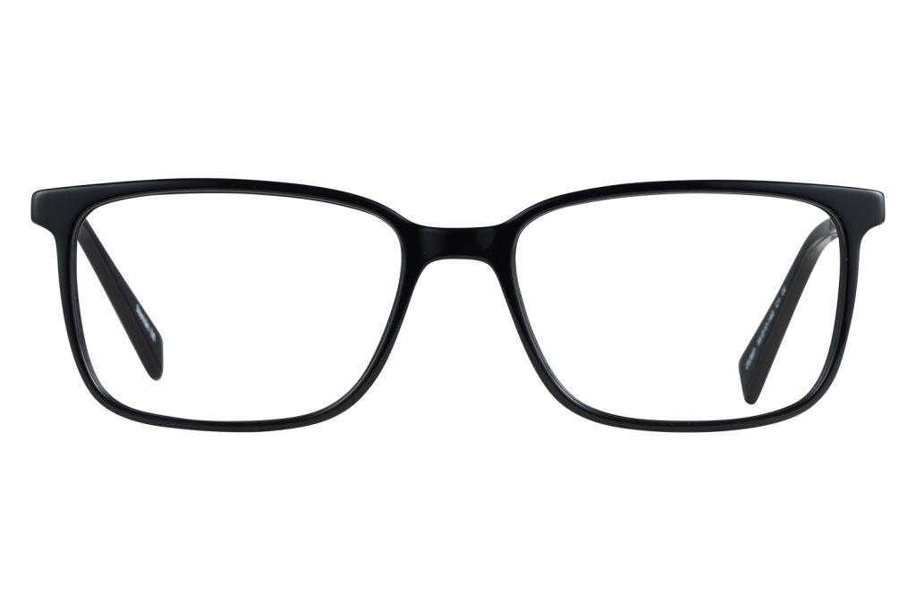 Front view of black full-r Rim glasses with rectangular lenses on a gray background