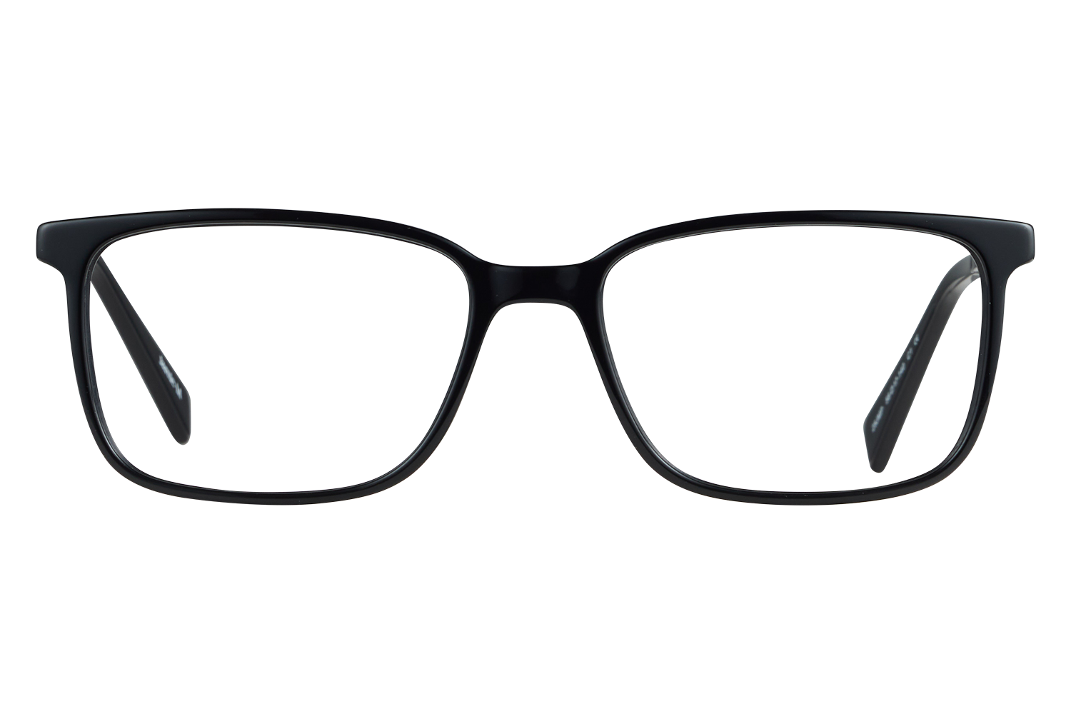Front view of black full-r Rim glasses with rectangular lenses on a gray background