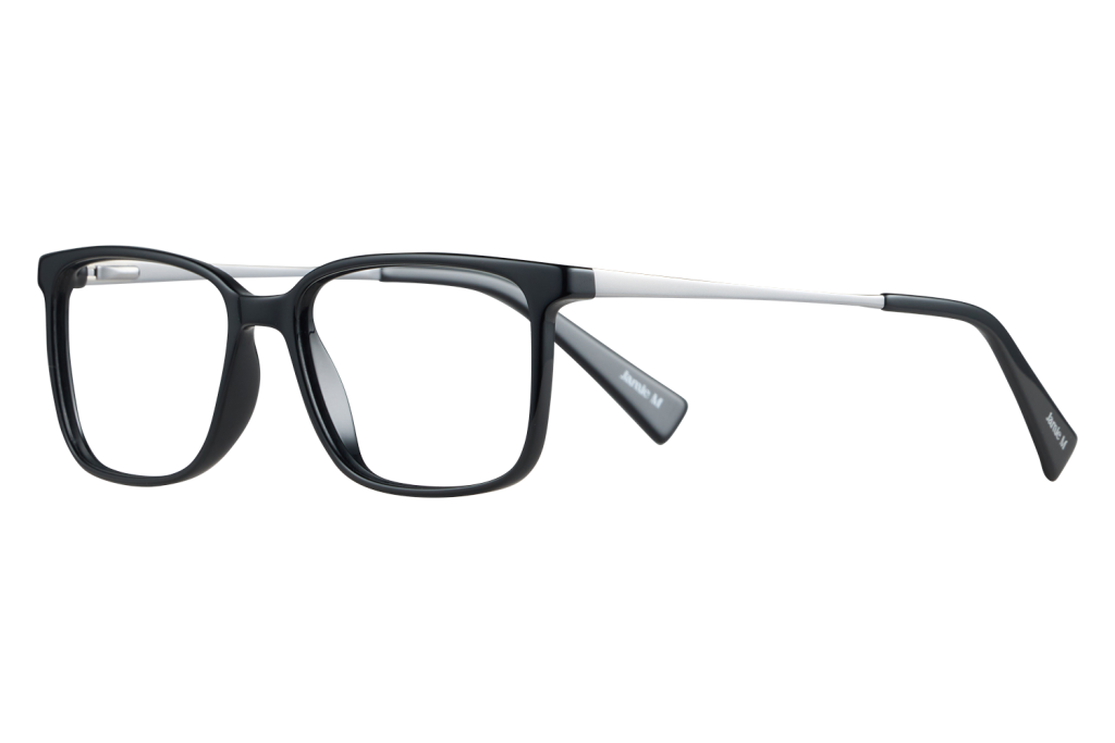Pair of rectangular black eyeglasses with white temples on a gray surface, product photo style.