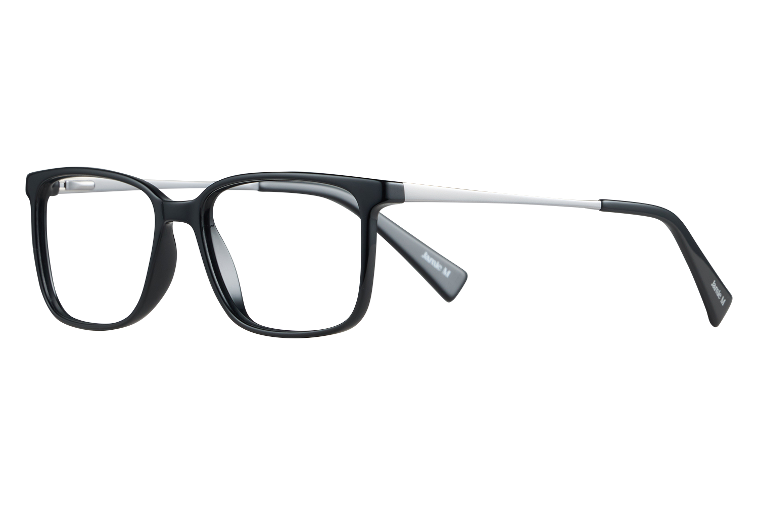 Pair of rectangular black eyeglasses with white temples on a gray surface, product photo style.