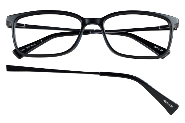 Black rectangular eyeglasses with dark frames and white Jamie M branding on the near temple; one temple section separated below.