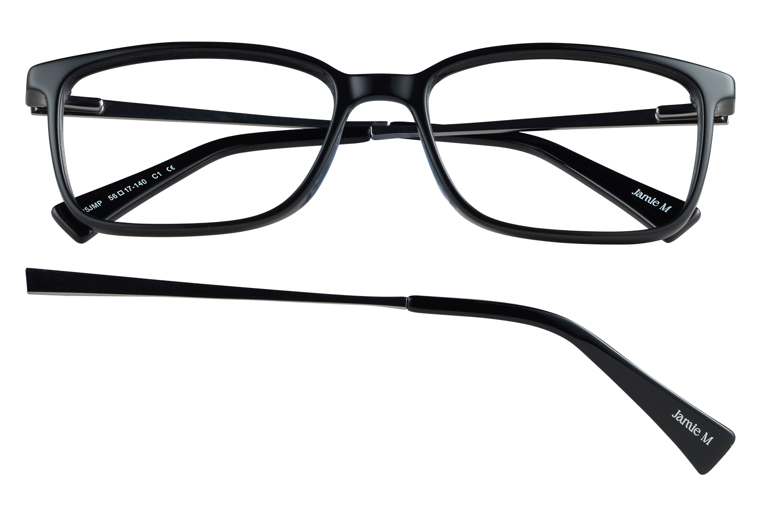 Black rectangular eyeglasses with dark frames and white Jamie M branding on the near temple; one temple section separated below.