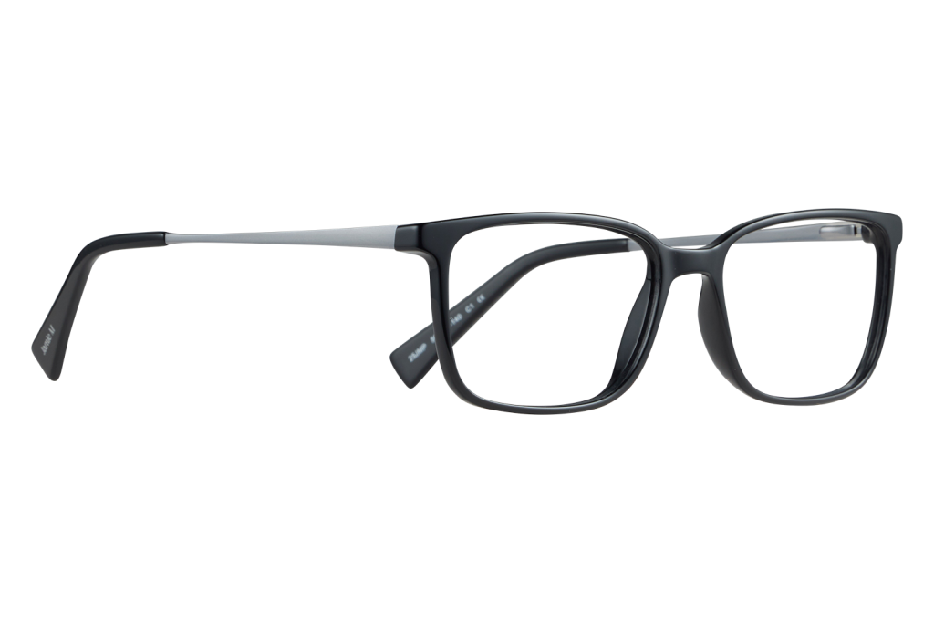 Black rectangular eyeglasses with gray metal temples resting on a light surface, profile view