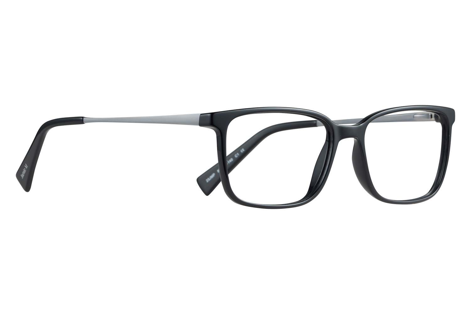Black rectangular eyeglasses with gray metal temples resting on a light surface, profile view