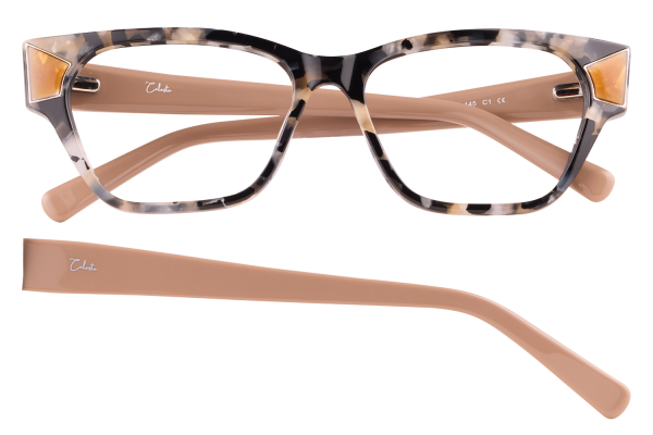 Tortoiseshell eyeglasses with pink arms shown from the front and sides, clear lenses.