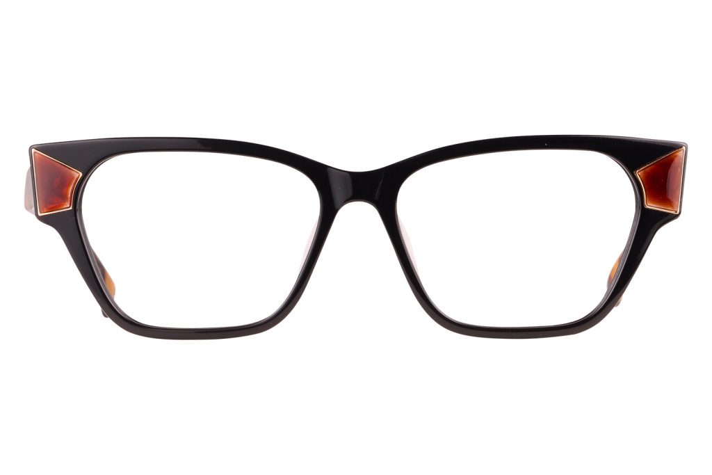 Black rectangular eyeglasses with orange triangle accents at the hinges, bold frame style