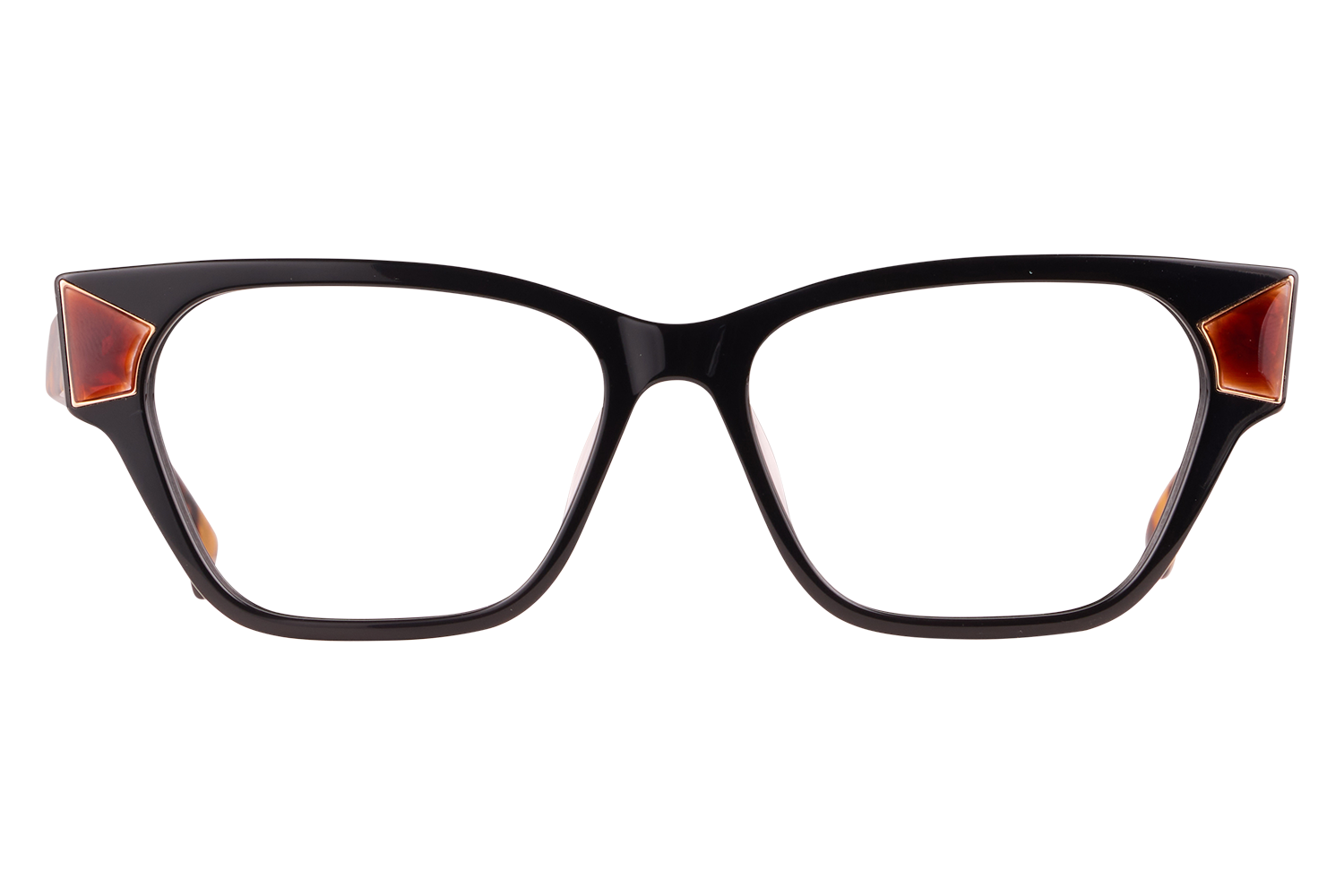 Black rectangular eyeglasses with orange triangle accents at the hinges, bold frame style