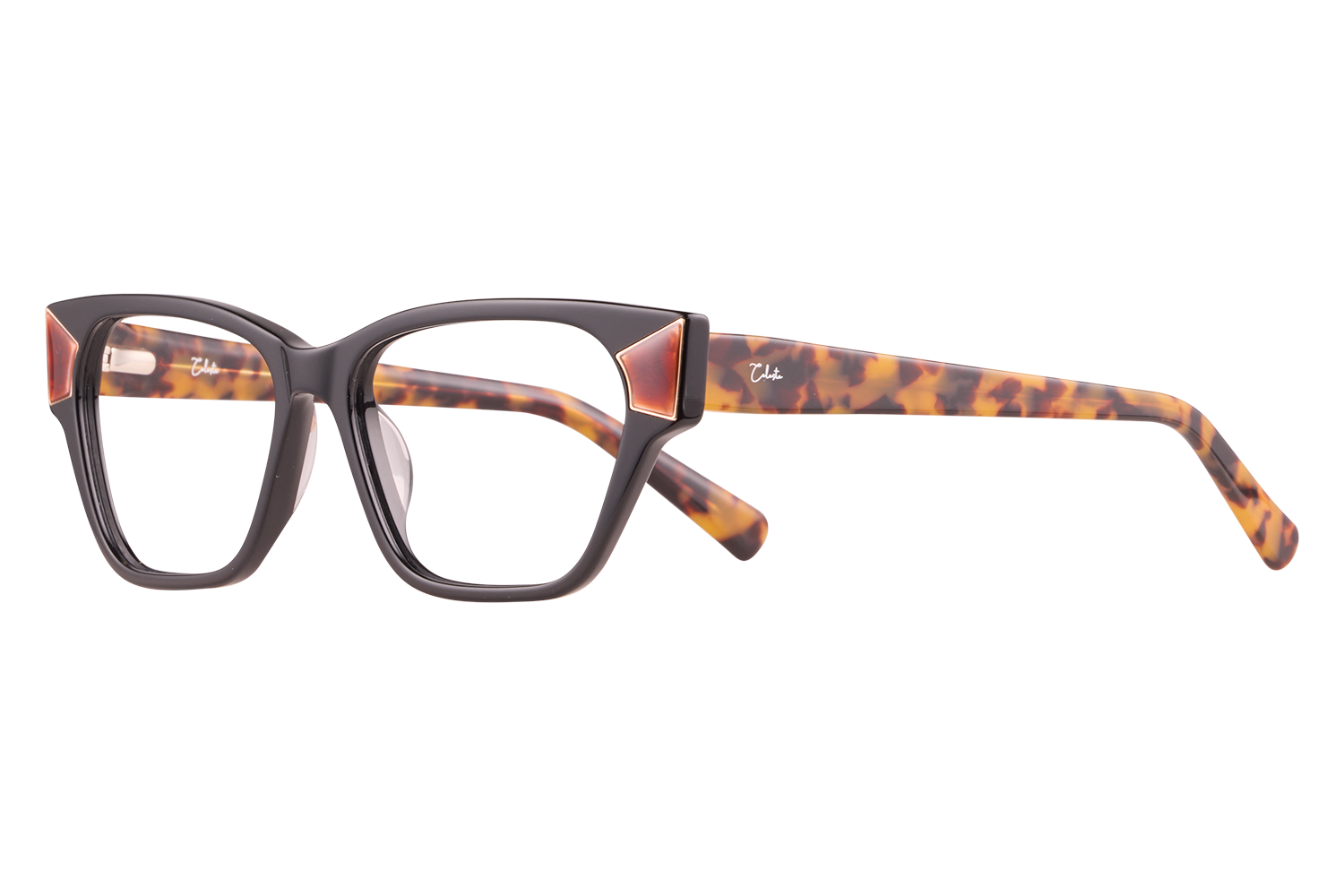 Black-frame eyeglasses with tortoiseshell temples and a small pink accent at the hinges.