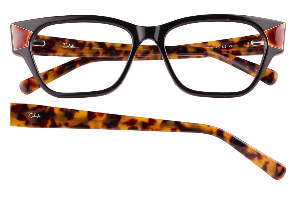Black rectangular eyeglasses with tortoiseshell temple arms, shown both worn and with a detached temple displaying the logo on the arm.