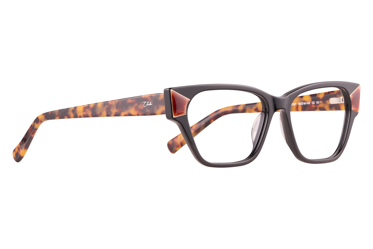 Black front eyeglasses with tortoiseshell patterned temples and red triangular accents near the hinges