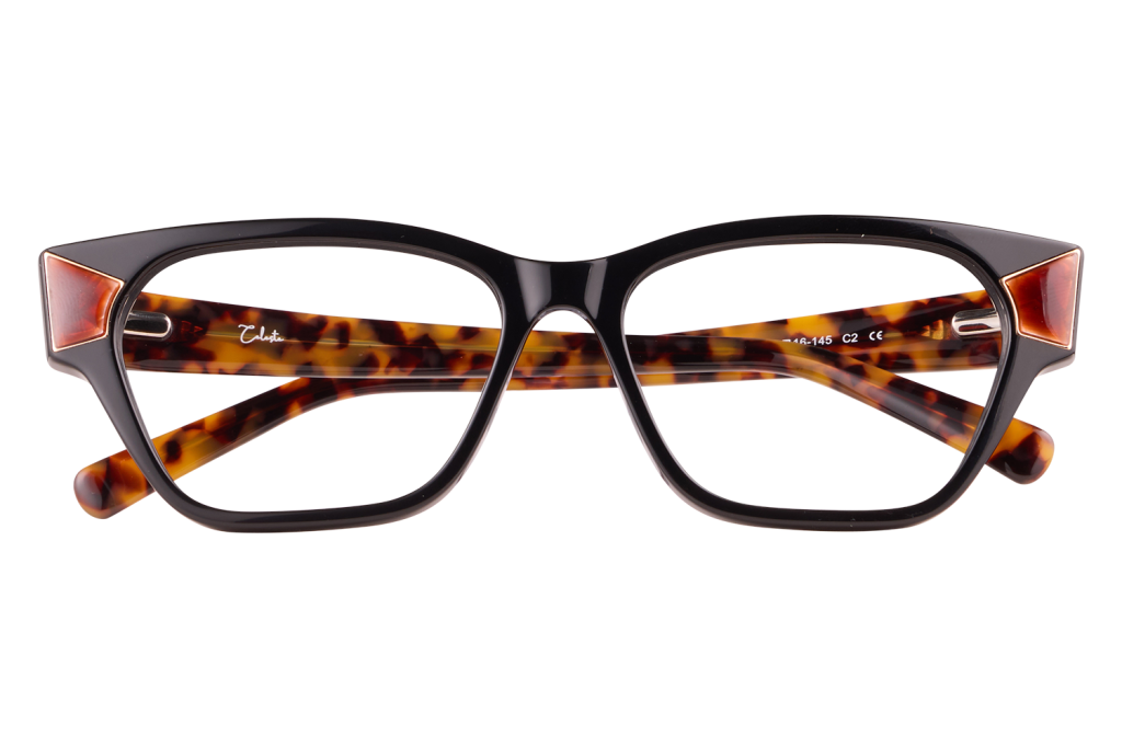 Rectangular eyeglasses with a black front and tortoiseshell-temple arms, glossy finish.