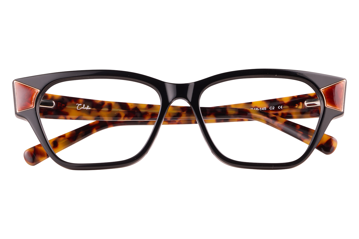 Rectangular eyeglasses with a black front and tortoiseshell-temple arms, glossy finish.