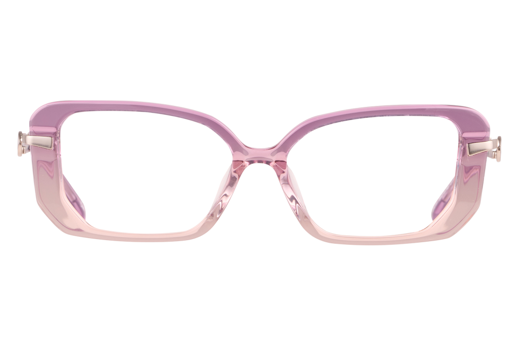 Pink oversized plastic eyeglasses with a gradient frame and metal hinges, displayed head-on as a fashion eyewear item.