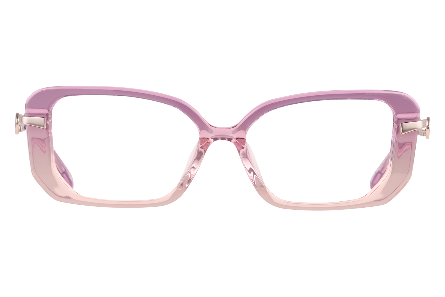Pink oversized plastic eyeglasses with a gradient frame and metal hinges, displayed head-on as a fashion eyewear item.