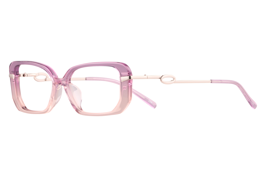 Pink transparent eyeglasses with oversized square frames and slender white temples on a white background used as an accessory image