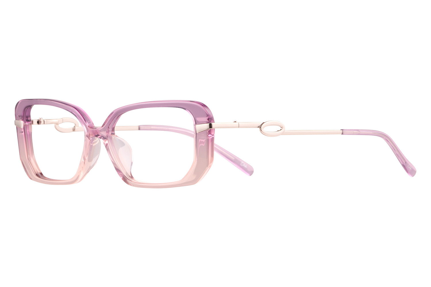 Pink transparent eyeglasses with oversized square frames and slender white temples on a white background used as an accessory image