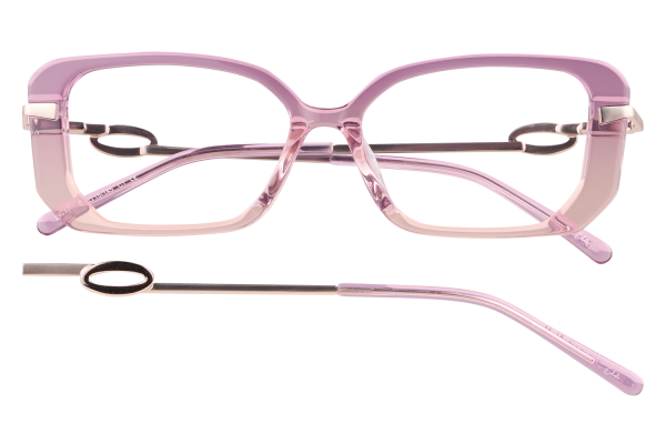 Pink translucent rectangular eyeglasses with a decorative chain running through the temples across the frame, shown on a black background.