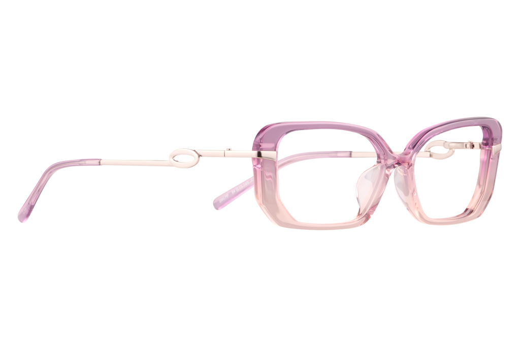 Pink translucent eyeglasses with large rounded frames and white temples accessory style image of fashion eyewear, on white bg.